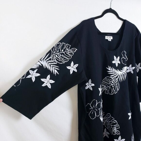 M. MAC Maxi Dress Womens 3X Black 3/4 Sleeve Tropical Floral Hawaiian Artsy - Picture 2 of 8
